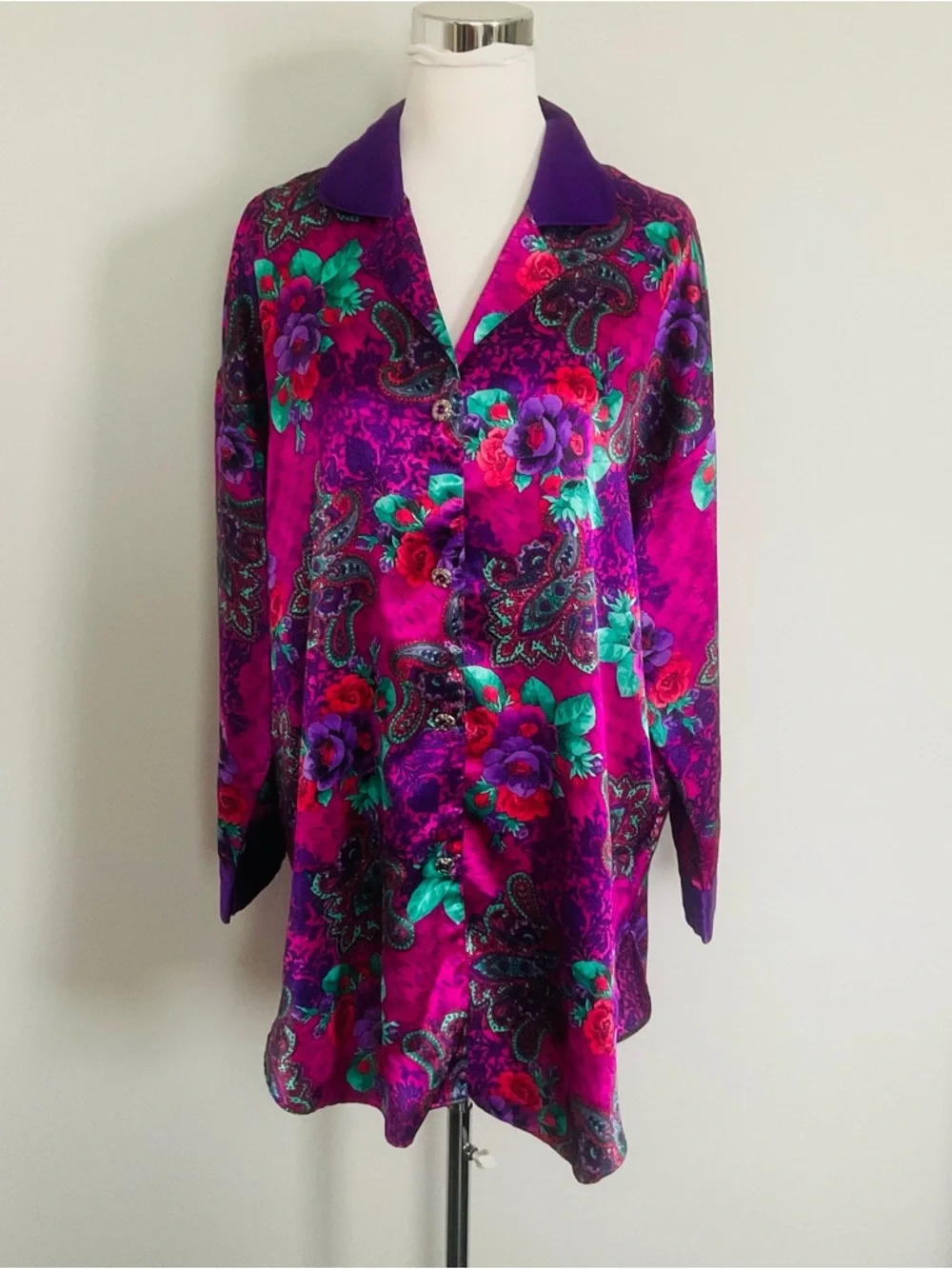 Victoria Secret Floral Multi Colored Night Shirt Long Sleeve Collared M/L-VTG